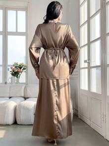 Modelyn Women's Elegant Rhinestone Decor Stand Collar Wrap Hem Cinched Waist Top And Skirt 2 Pieces Set, Spring/Autumn - Brown - View 4