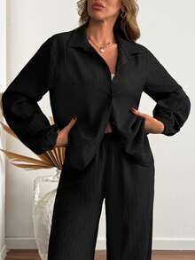 Black Long Sleeve Button-Up Shirt And Wide Leg Pants Two Pieces Set - Black - View 5