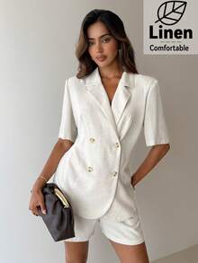 Aloruh Elegant Khaki Linen Half Sleeve Lapel Blazer For Women Regular Fit Workwear - Khaki - View 2