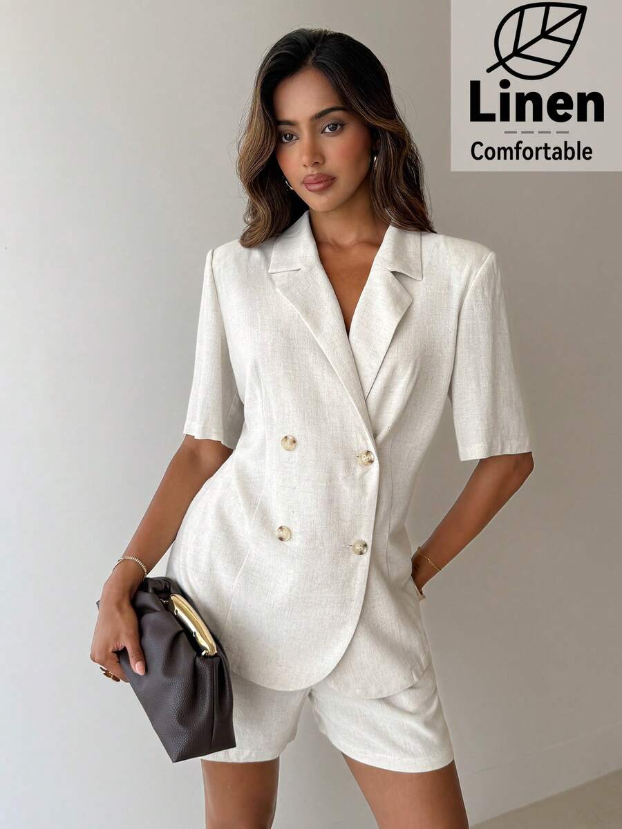 Aloruh Elegant Khaki Linen Half Sleeve Lapel Blazer For Women Regular Fit Workwear