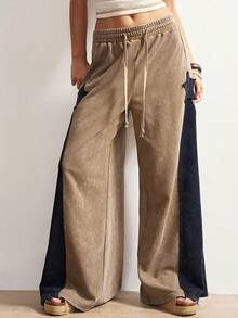 Bohemela 女士休闲针织拼接宽松阔腿水洗裤 - 棕色 - 查看 2