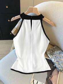 GlowEve Contrast Color Beaded Decor Sleeveless Knit Top With Metal Clasp - Black and White - View 2
