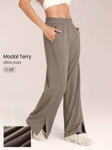GLOWMODE Modal Terry Everyday Street Soft Smooth Breathable Adjustable Drawstring Waist Side Slip Pockets Wide Leg Pants Daily Casual Street Wear - Coffee Brown - View 1