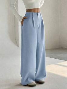 Flirla Pantalones anchos casuales elegantes y estilizadores de alta gama para mujer - Azul - Ver 3
