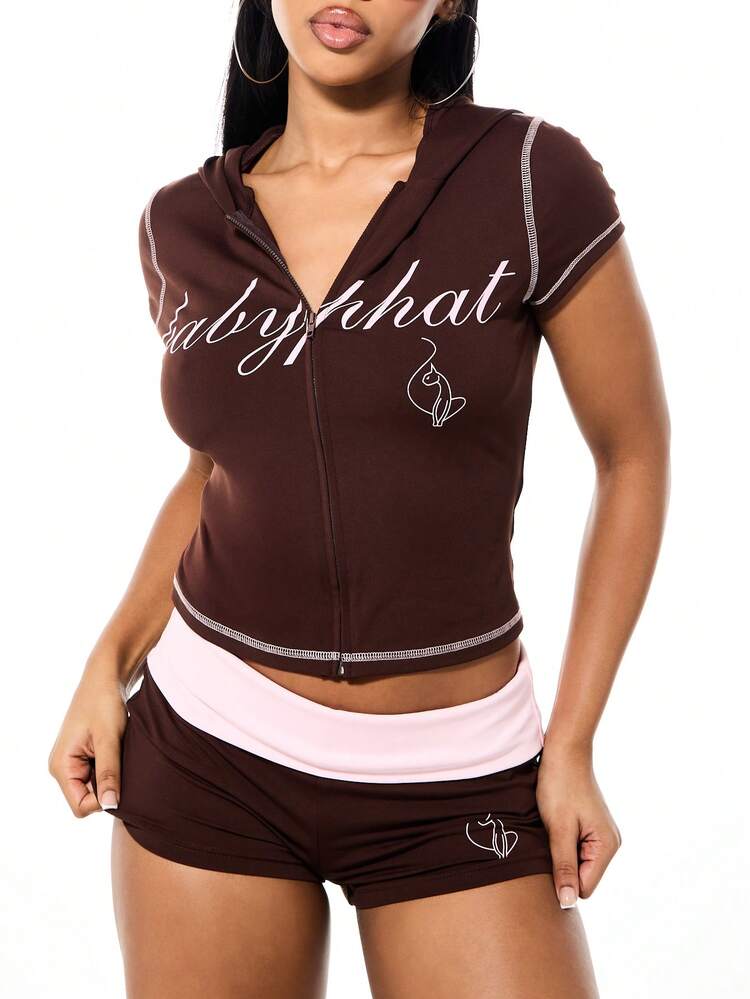 BABYPHAT Fold Over Waist Jersey Booty Shorts With Script Print And Pink Waistband Accent