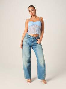 MISSGUIDED 蕾丝褶皱胸部吊带背心，心形领口，可调节细肩带，适合叠穿和夏季场合 - 淺藍色 - 查看 3