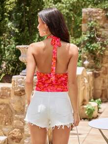 Vivid Eden Áo nữ thời trang, thanh lịch, lãng mạn, cổ yếm, chữ V, chất liệu dệt kim co giãn, màu cam và màu vàng, thích hợp cho kỳ nghỉ. - Màu Cam cháy - Xem 10