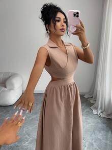 EMERY ROSE Damen Khaki Wellentextur V-Ausschnitt Taillengürtel rückenfreies sexy A-Linien Kleid - Khaki - Übersicht 3