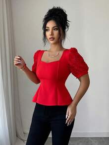 SHEIN Clasi Women's Elegant Rose Flower Applique Puff Sleeve Ruffle Hem Blouse, Summer - Red - View 5