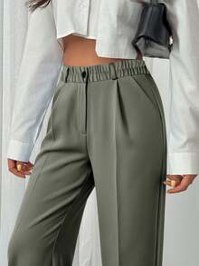 SHEIN Classic Belted Detalied Pants, High-Waisted Design, Pleated Front, Business Attire, Straight Leg Cut, Professional Wear, Tailored Fit, Office Fashion, Formal Trousers, Smart Casual, Clean Lines, Traditional Style, Work Wardrobe Essential, Quality Fabric, Sophisticated Look, Corporate Wear, Modern Silhouette, Business Professional - Army Green - View 1