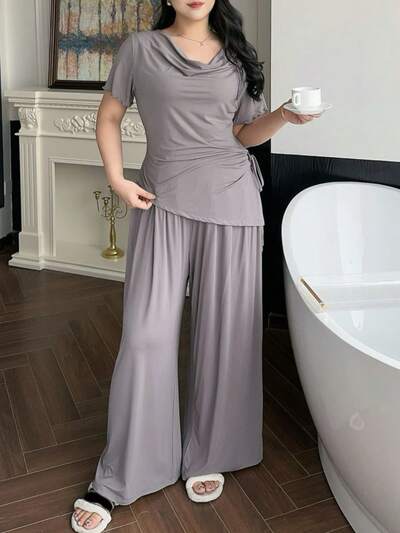 Dazy Plus Plus Size Women Solid Color Knit Draped Neck Crop Top & Wide Leg Pants/Lounge Pants Pajama Set, Spring/Summer