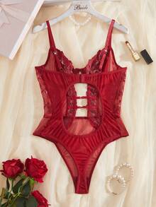 1 bộ jumpsuit lưới gợi cảm thêu hoa dành cho nữ - Màu Đỏ Sâu - Xem 2
