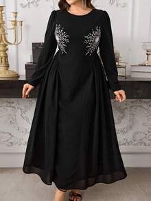 Modelyn Plus Size Embroidered Ruffle Crew Neck Long Sleeve Dress - Black - View 1