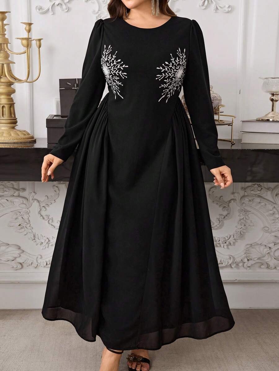 Modelyn Plus Size Embroidered Ruffle Crew Neck Long Sleeve Dress - Black - View 1
