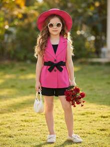 3pcs Young Girls Fuchsia Blazer Vest Jacket,Knit Camisole And Shorts Set,Elegant Commuter Outfit Bow Clothes For Summer Spring Autumn,7thbirthday - Hot Pink - View 3