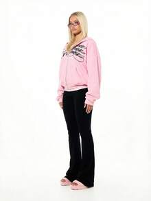 SUMWON WOMEN Oversized Zip Through Hoodie With Contrast Script Graphic Print Boxy Fit Casual Streetwear Sweatshirt - Baby Pink - View 5