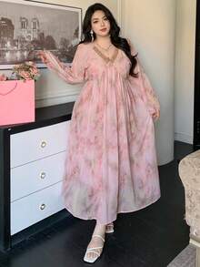 Dazy Plus Plus Size Women Chiffon Floral Print Patchwork Tie-Waist Maxi Dress, Elegant Resort Style For Spring/Summer Sundress Boho Vacation Outfits Women - Pink - View 7