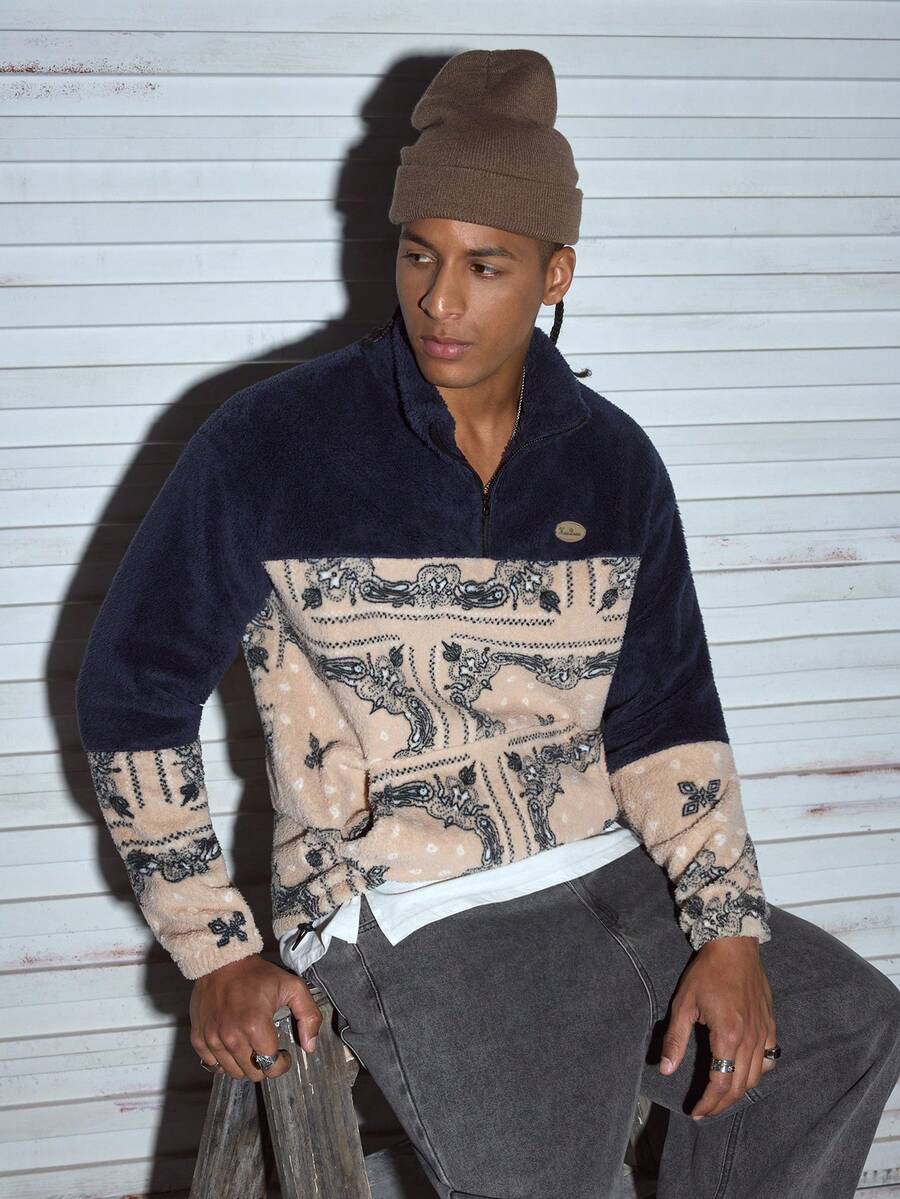 Modcrash GOLDREDY 男士时尚经典纯色拼接腰果花立领织唛拉链半开下摆弹力抽绳设计夹克，适合休闲、时尚、极简街头风、通勤、冬季长袖套头卫衣 - 藏蓝色 - 查看 1