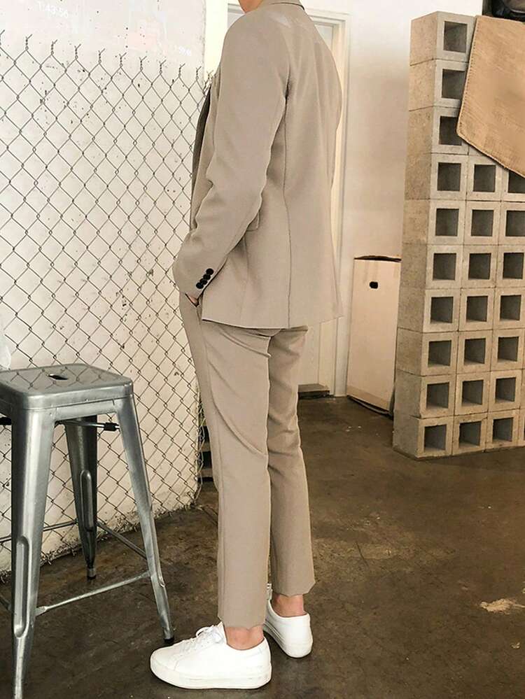 Men's Solid Color Notched Collar Single-Breasted Long Sleeve Suit Jacket And Pocket Pants, Fashion Business Office Outfit