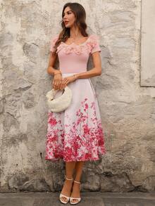 Ellevyn Blusa de punto elástica ajustada con hombros descubiertos y flores 3D rosas a rayas, con falda evasé. Falda elegante de jacquard para uso diario, vacaciones, primavera/verano - Multicolor - Ver 8