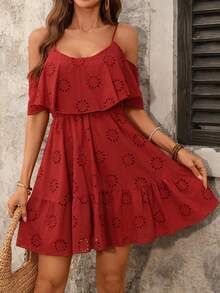 Ellevyn Women's Boho Red Embroidery Mini Dress A Line Flounce Ruffle Hem Spaghetti Strap Cold Shoulder Sleeveless - Red - View 5