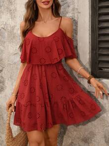 Ellevyn Women's Boho Red Embroidery Mini Dress A Line Flounce Ruffle Hem Spaghetti Strap Cold Shoulder Sleeveless - Red - View 7
