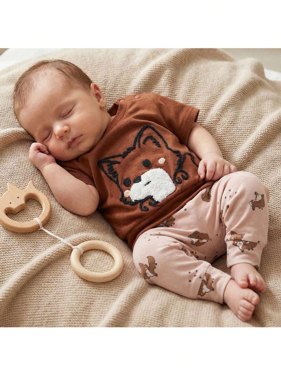 Loomiva Neugeborenes Baby Mädchen Cartoon Fuchs Muster gestrickt weicher Rundhals Langarm Pullover und elastische Taille lange Hose 2-teiliges Set - Verschiedenfarbig - Übersicht 1