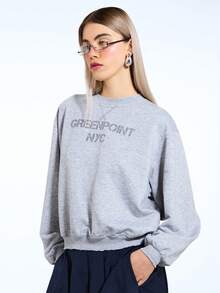 COUREZ Áo sweatshirt dáng rộng in họa tiết Green Point / Áo sweatshirt màu xám phong cách Y2K mùa xuân, trang phục thường ngày đường phố dành cho nữ, thích hợp đi học trở lại vào mùa hè. - Xám - Xem 4