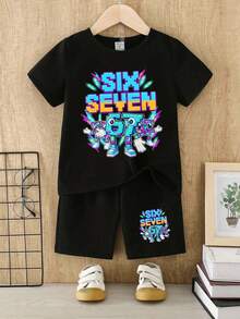 SHEIN Explorewe Young BoyBasic Short Sleeve T-Shirt + Black Shorts Set - Multi-Color - Black - View 3
