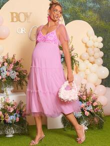 Loomaby Pink Summer Maternity Dress,Fairy Mesh Patchwork Sleeve V-Neck Lace Decor Layered Loose Gown For Baby Shower,Gender Reveal & Photoshoot,Plus Size - Pink - View 6