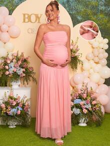Loomaby Elegantes Umstandskleid Einfarbig mit verstellbarer Taille - Pink - Übersicht 2