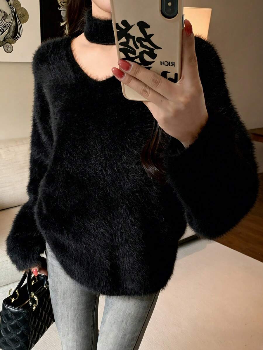 DAZY 女士优雅休闲通勤简约纯色宽松高领蓬松针织毛衣,秋冬款 - 黑色 - 查看 1