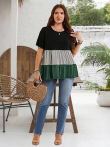 EMERY ROSE Plus Size Women's Black Colorblock Round Neck Short Sleeve Ruffle Hem Casual Tunic Tops,Summer Boho Vacation Blouses For Spring Mother's Day - Fresh Green - View 3