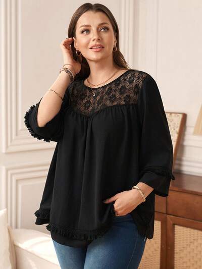 Plus Size Women's Elegant Vacation Style Solid Color Contrast Lace Lantern Sleeve Loose Blouse, Spring/Summer/Autumn Plus Size Black Tops Plus Size Women Clothes Blouse Women's Plus Size Tops Plus Size Casual Tops