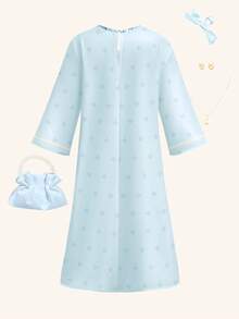 SHEIN 冰蓝色公主风，优雅时尚的公主蝴蝶结珍珠图案，适合年轻女孩休闲优雅的传统阿拉伯长袍连衣裙，适合春夏日常穿着、节日庆典、外出游玩，优雅时尚的长袖阿拉伯长裙 - 彩色 - 查看 2
