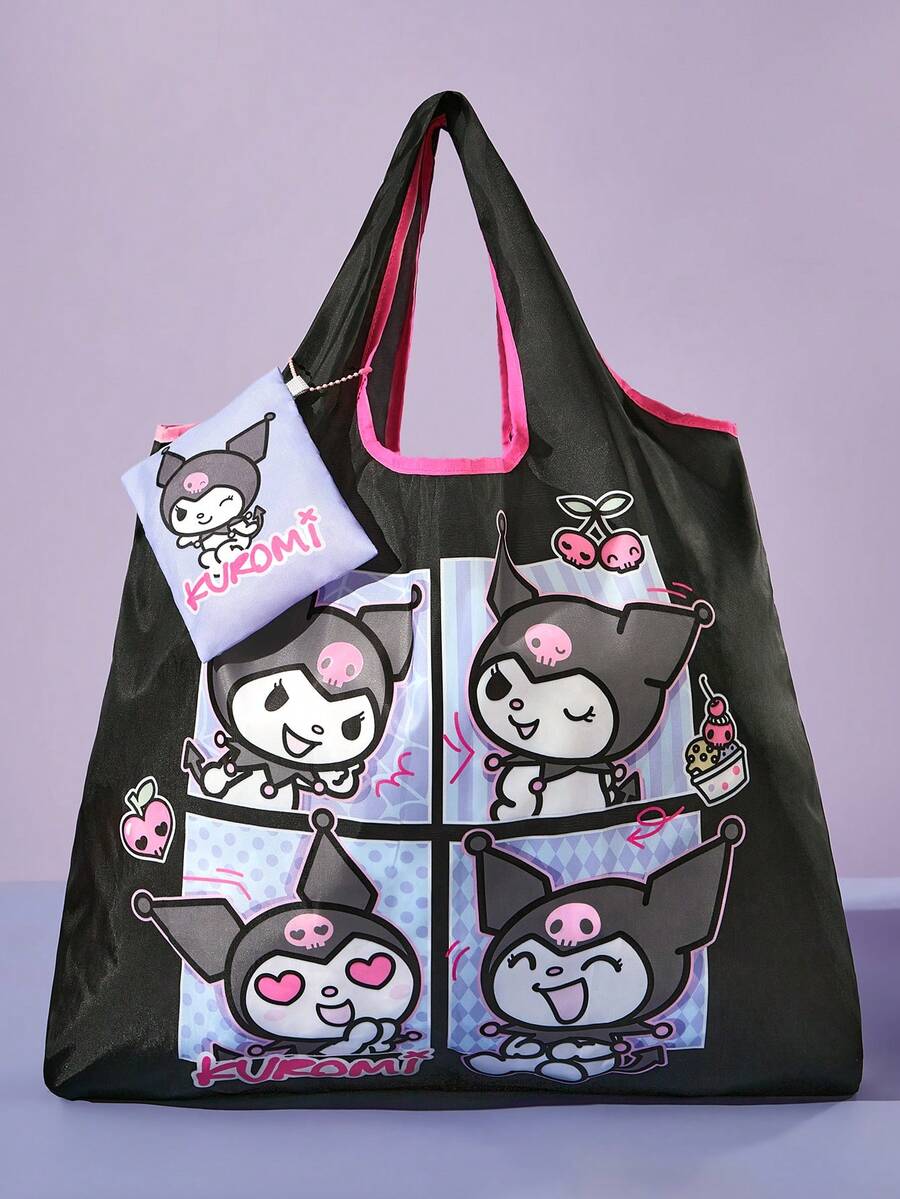 HELLO KITTY AND FRIENDS | SHEIN 1个可爱卡通人物印花可折叠购物袋/手提袋,配有带珠链的小收纳袋,可挂在包上,轻便易携,适合购物、通勤、外出等场合。 - 混色 - 查看 1