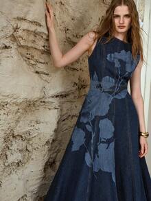 MOTF PREMIUM WOMEN'S AUTUMN/WINTER DENIM MIDI DRESS WITH ASYMMETRIC HEM AND FLORAL PRINT - Blue - View 5