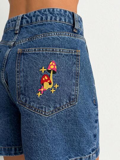 SHEIN 100% Cotton Women's High Waist Pleated Mushroom Embroidery Loose Denim Shorts