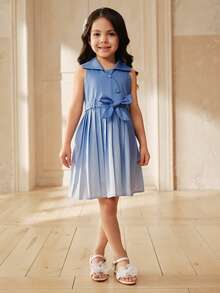 SHEIN A-Line Pleated Ombre Collar Young Girls Dress - Blue - View 9