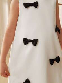 SHEIN Cute Young Girls White Sleeveless Polyester Dress With Black Bows Round Neck Short Length - Black and White - View 8