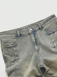 ROMWE MEN Quần jeans nam dáng casual đường phố, khóa kim loại, nhiều lớp túi xéo. - Màu xanh lam - Xem 4