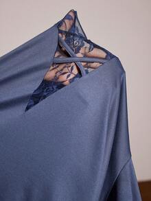 Slumberist Plus Size Sexy Deep V-Neck Contrast Lace Short Sleeve Pajama Set - Dusty Blue - View 6