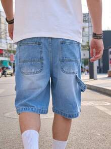 Manfinity VCAY Men's Casual Fashion Street Washed Loose Denim Shorts,Light Wash Blue Jeans Jorts For Summer Daily Commute,Pambahay Style Light Washed Shorts - Blue - View 4
