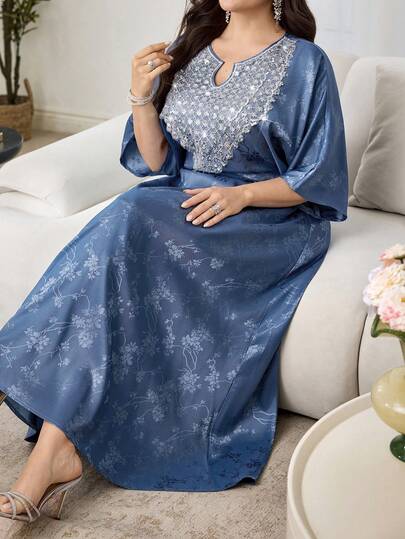 Al Najma Plus Size Women's Arabic Style Jacquard Satin Fabric Patchwork Dress, Casual & Elegant, Autumn/Spring