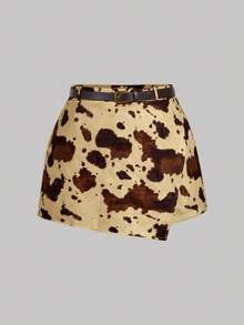 SHEIN MOD Váy/Quần dài in họa tiết bò sữa vạt lệch cho nữ cỡ lớn - Màu Khaki - Xem 1