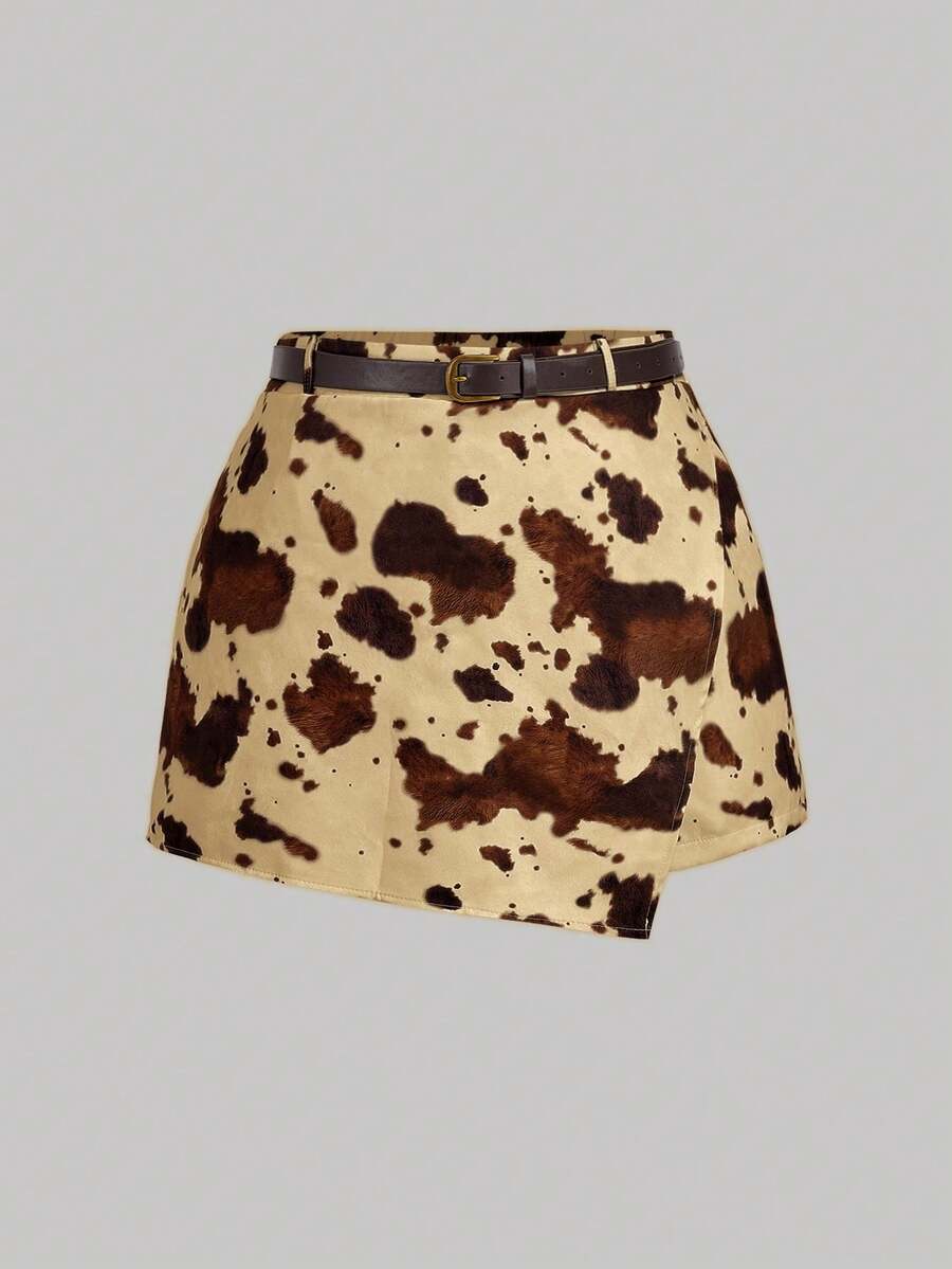 SHEIN MOD Váy/Quần dài in họa tiết bò sữa vạt lệch cho nữ cỡ lớn - Màu Khaki - Xem 1