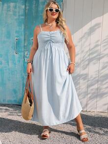 Vivid Eden Vestido de tirantes de mujer de tela texturizada con volantes, cintura recogida y corte evasé, para vacaciones de verano, talla grande - Azul - Ver 4