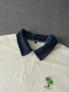 PAVTROS Bộ đồ nam bằng nhung pha lê, áo cổ bẻ nửa khóa kéo, thêu họa tiết cây dừa, phối quần short nhiều túi, phối màu, thích hợp cho mùa xuân hè, nghỉ hè, du lịch, phong cách cổ điển, đi chơi, dự tiệc, lễ hội, quà tặng cho bạn trai, màu xanh lá cây. - Màu be - Xem 5