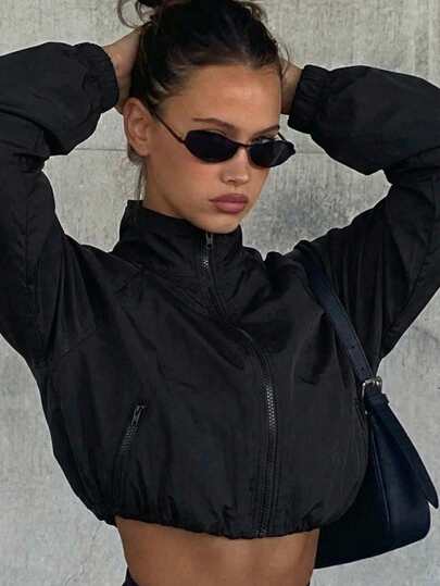 SHEIN EZwear White Sun Protection Ladies' Zip-Front Jacket In Fall/Winter Black Jacket Women Spring Jackets Women Black Crop Jacket Black Zip Up Streetwear For Women