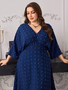 Modelyn Elegant Jacquard V-Neck Long Sleeve A-Line Plus Size Dress, Suitable For Spring And Autumn Fall - Blue - View 1